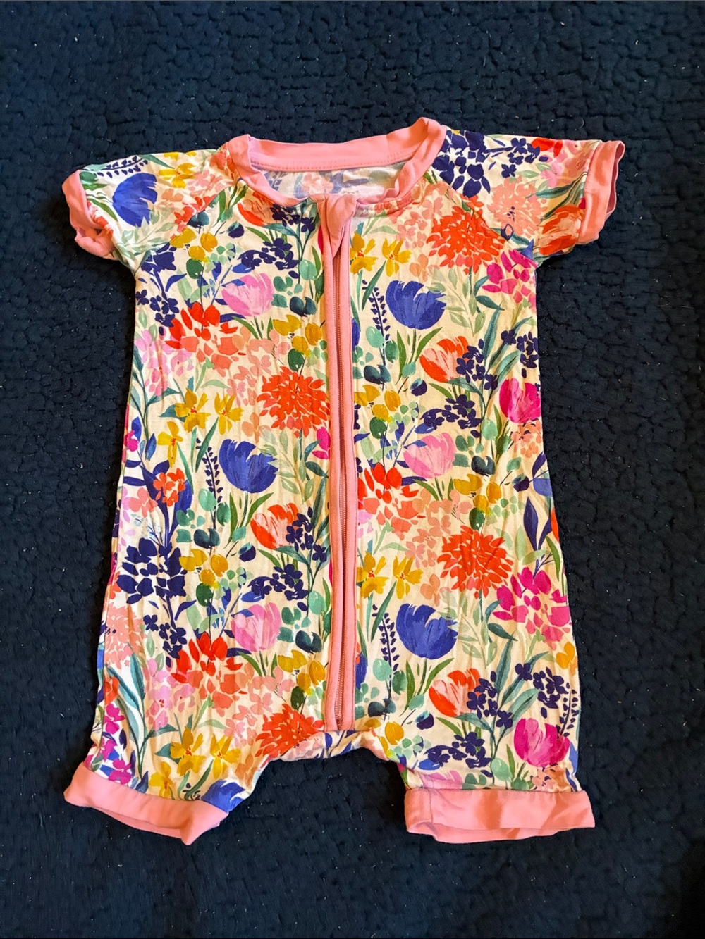 Little Sleepies Floral Short Sleeve Romper - Pink Trim